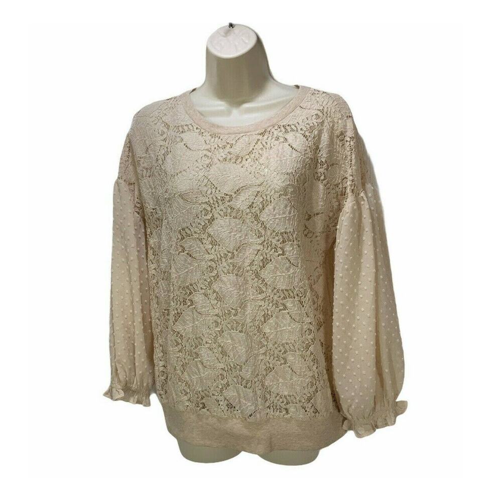 Anthropologie Mystree Womens Top Medium Lace Long Sleeve Blouse Banded Hem
